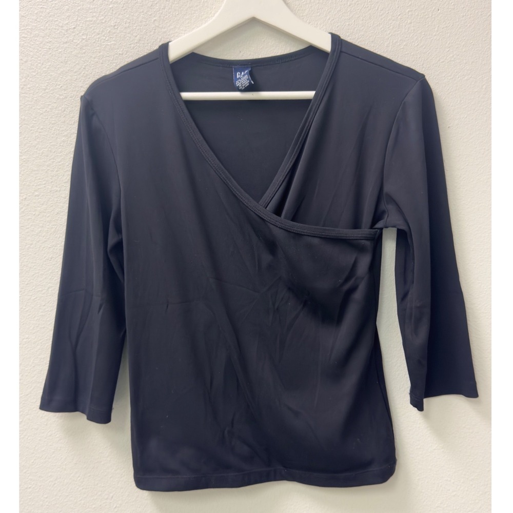 Gap Faux Wrap Top Womens M Black E3/4 Sleeve V-Neck Stretch Minimalist 90s Style